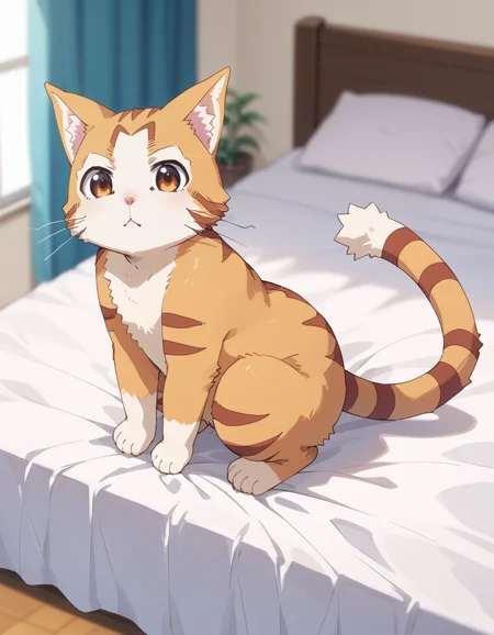 score_9, score_8_up, score_7_up, source_anime, BREAK
from above, bed, sitting, blurry background,
1cat, tama (beheneko), cat, orange fur, white fur, brown stripes, pointy ears, cat ears, white muzzle, fluffy tail, striped tail
<lora:tama-beheneko_s1-anime-soralz:0.9>