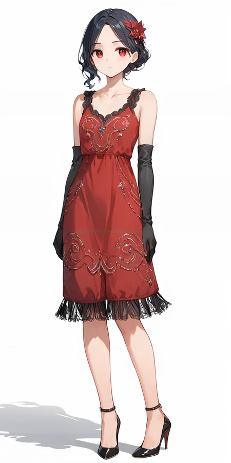 score_9, score_8_up, score_7_up,source_anime, high res image,masterpiece,best quality,girl,cute face,clear skin,shiny hair,ultra detailed eyes,simple background, <lora:1920s flapper dress_pony_V1.1:0.8> flapper dress, red dress,high heels, black elbow gloves, sleeveless,make up