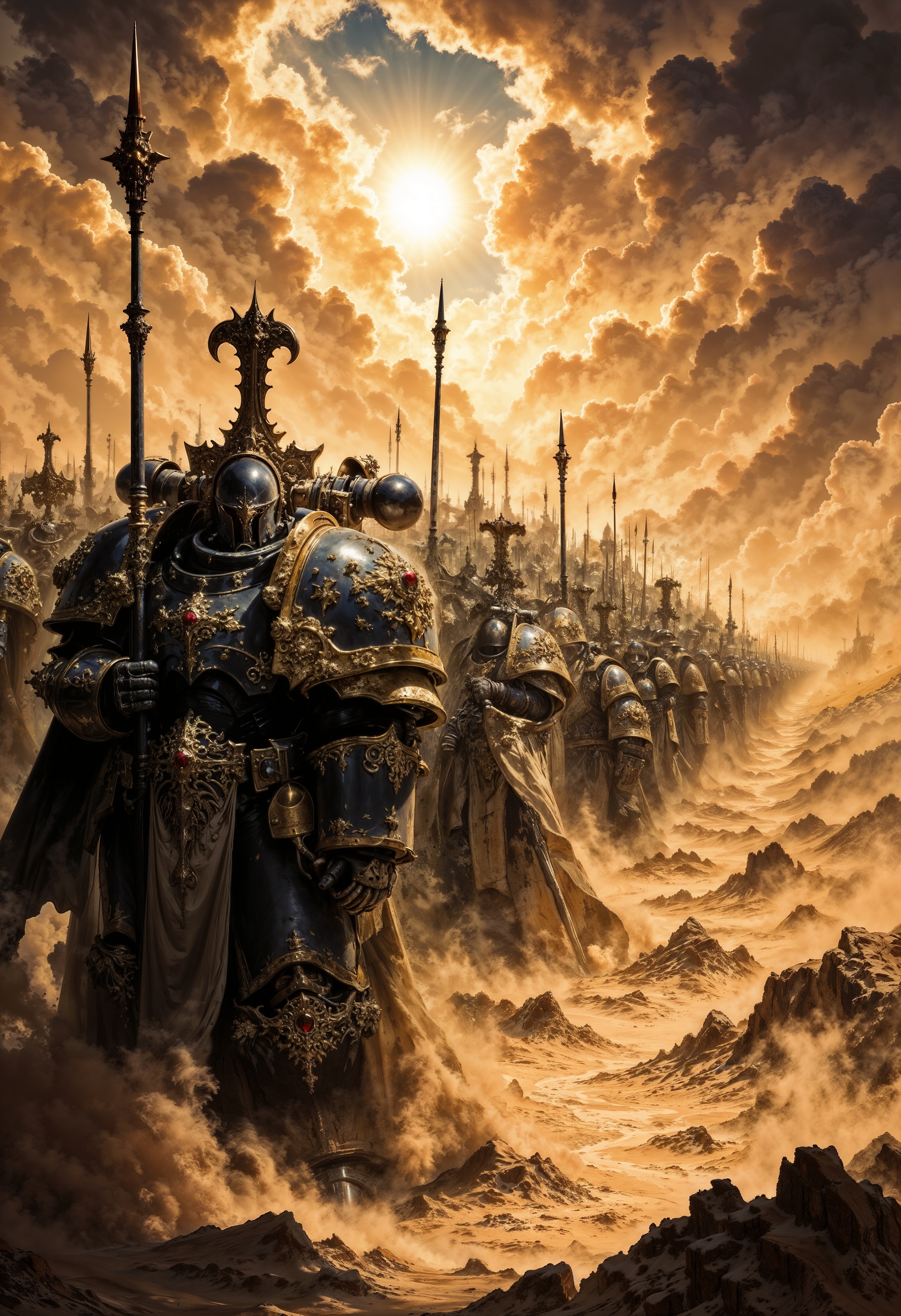close-up of a high-resolution action scene of a phalanx formation, ThouS40k space marines standing in a tight line, bracing against the onslaught of a fierce sandstorm. The space marines' massive shields lock together, forming an unbreakable wall of metal as they hold their long spears at the ready. The sandstorm swirls violently around them, grains of sand whipping through the air, obscuring the battlefield and darkening the sky. The sun struggles to break through the thick, swirling clouds of sand, casting only faint, dramatic beams of light that illuminate the space marines in a golden, dusty glow. At the front, the commanding officer stands tall, his helmet half-hidden by the chaos of the storm. The space marines, faces grim behind their visors, hold fast, their shields battered by the storm but unyielding. The scene is dynamic and tense, with the sandstorm's fury contrasting against the calm, disciplined resolve of the soldiers. The storm rages around them, but the light from the struggling sun highlights the grit, courage, and defiance of the unit, standing strong against both the elements and the impending battle. <lora:FredFraiStyle-FLUX-Share:0.5> <lora:Elden_Ring_-_Yoshitaka_Amano:0.75> <lora:- Flux1 - soothing_atmo_V2.0:0.15> <lora:FluxThouS40k:0.7>