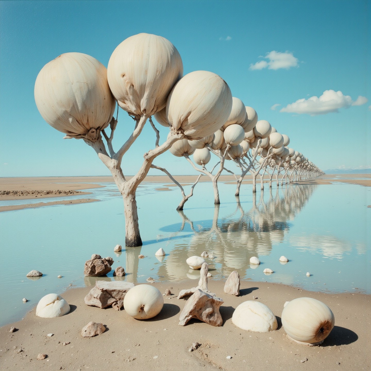 <lora:Florate Flux_v2_epoch_3:0.9> A hot Icelander stretched Surrealism photograph  of carnelian and sand and Cerulean Blue scene with many pale bulbous organic shapes. windy dried-out mudflat landscape. Purse. People, animals and characters are elongated.