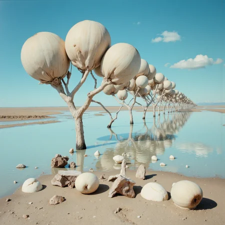 <lora:Florate Flux_v2_epoch_3:0.9> A hot Icelander stretched Surrealism photograph of carnelian and sand and Cerulean Blue scene with many pale bulbous organic shapes. windy dried-out mudflat landscape. Purse. People, animals and characters are elongated.