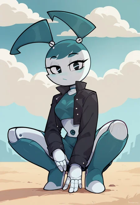 score_9, score_8_up, score_7_up, rating_explicit, 1girl, solo, Jenny, white skin, joints, robot, twintails, crop top, skirt, knee boots, black jacket, squatting down, looking at viewer, closed mouth, detailed background, outdoors, cloudy weather, <lora:Jenny_Wakeman_PDXL:1>