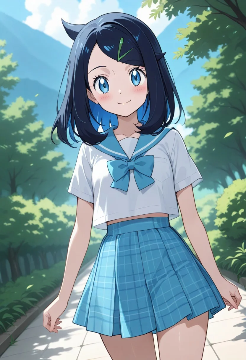 masterpiece, best quality, newest, absurdres, highres, anime,
eye reflection,
aaliko, medium hair, black hair, colored inner hair, hairclip, blue eyes,
1girl, blush, smile,
looking at viewer,
school uniform, blue sailor collar, blue bow, white shirt, short sleeves, plaid skirt, blue skirt,
outdoors, scenery,
dutch angle, cowboy shot, solo,