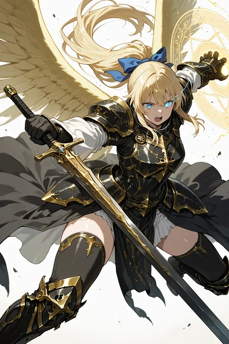 1girl,
(biochemical:1.2100000000000002), (biochemical armor:1.2100000000000002), blonde hair, blue eyes, long hair, ponytail, black dress, white sleeves, sword, gloves, ribbon, glowing, holding weapon, action, attack pose, detached sleeves, magic circle, armor, blue ribbon, glowing eye, white background, long sleeves, very long hair, floating hair, open mouth, dress, black gloves, weapon, hair ribbon, energy ball, simple background, solo, black thighhighs, holding, holding sword, thighhighs,
A young girl with long blonde hair and blue eyes. she is wearing a black outfit with gold accents and has a sword in her right hand. the girl is holding the sword with both hands and appears to be ready for battle. in front of her, there is a large golden dragon-like creature with sharp claws and sharp teeth. the creature's body is covered in intricate details and its wings are spread out behind it. the background is white, making the girl and the dragon stand out even more. the overall mood of the image is fierce and powerful.
<lora:hina_MixArmor_x215c:0.7>