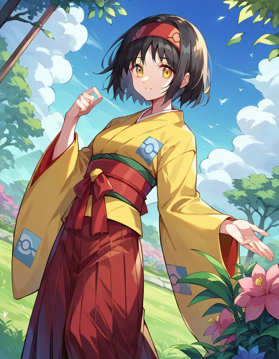 score_9, score_8_up, score_7_up, source_anime,
pokemonerika, <lora:pokemon-erika-ponyxl-lora-nochekaiser:1>
pokemonerika, yellow eyes, black hair, headband, short hair,
japanese clothes, kimono, hakama, red hakama, long sleeves, wide sleeves,
outdoors, garden, flowers, grass,
looking at viewer, cowboy shot, dutch angle,