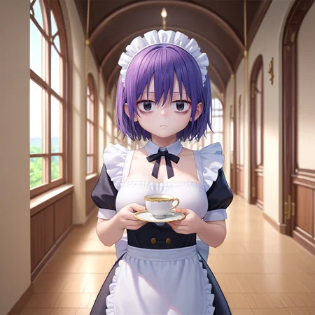 score_9,score_8,score_7_up,masterpiece,best quality,newest,absurdres,highres,source_anime,<lora:Aki:1>,large breasts,
1girl,solo,looking at viewer,expressionless,black eyes,glowing eyes,maid apron,maid headdress,holding saucer,teacup,indoors,hallway,hands up,bored,bags under eyes,