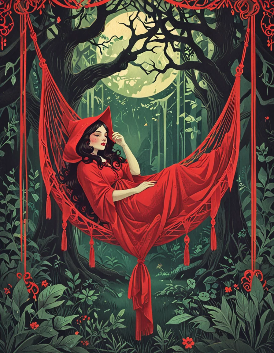 little red riding hood napping in a hammock novuschroma15 style art deco <lora:novuschroma15 style:0.7> <lora:sdxl_lightning_8step_lora:1>