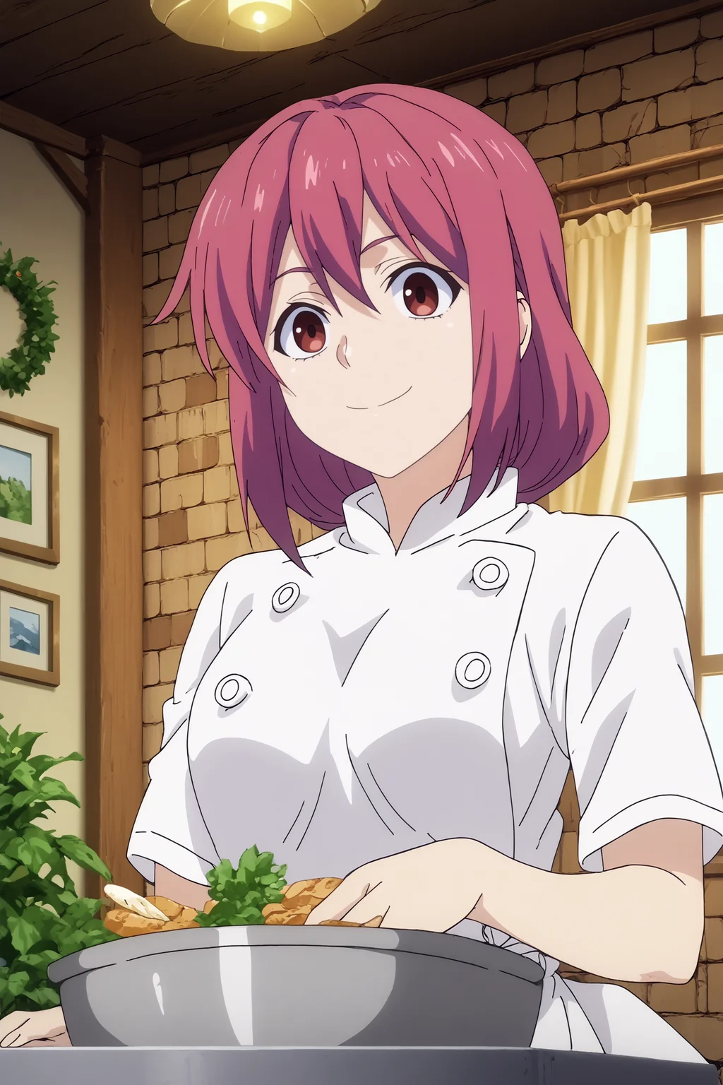 hisako arato,1girl,solo,chef,white shirt,looking at viewer,mature,upper body,smile BREAK indoors,Cozy,white walls,small sink, marble countertop, herb pots, warm light, vintage stove behind,window with a garden, kitchen,orange brick wall,restaurant kitchen Resting chin on hand with a flirty gaze, <lora:Hisako_Arato_-_Food_Wars.safetensors:0.8> <lora:detailed_backgrounds_v2.safetensors:0.8>
