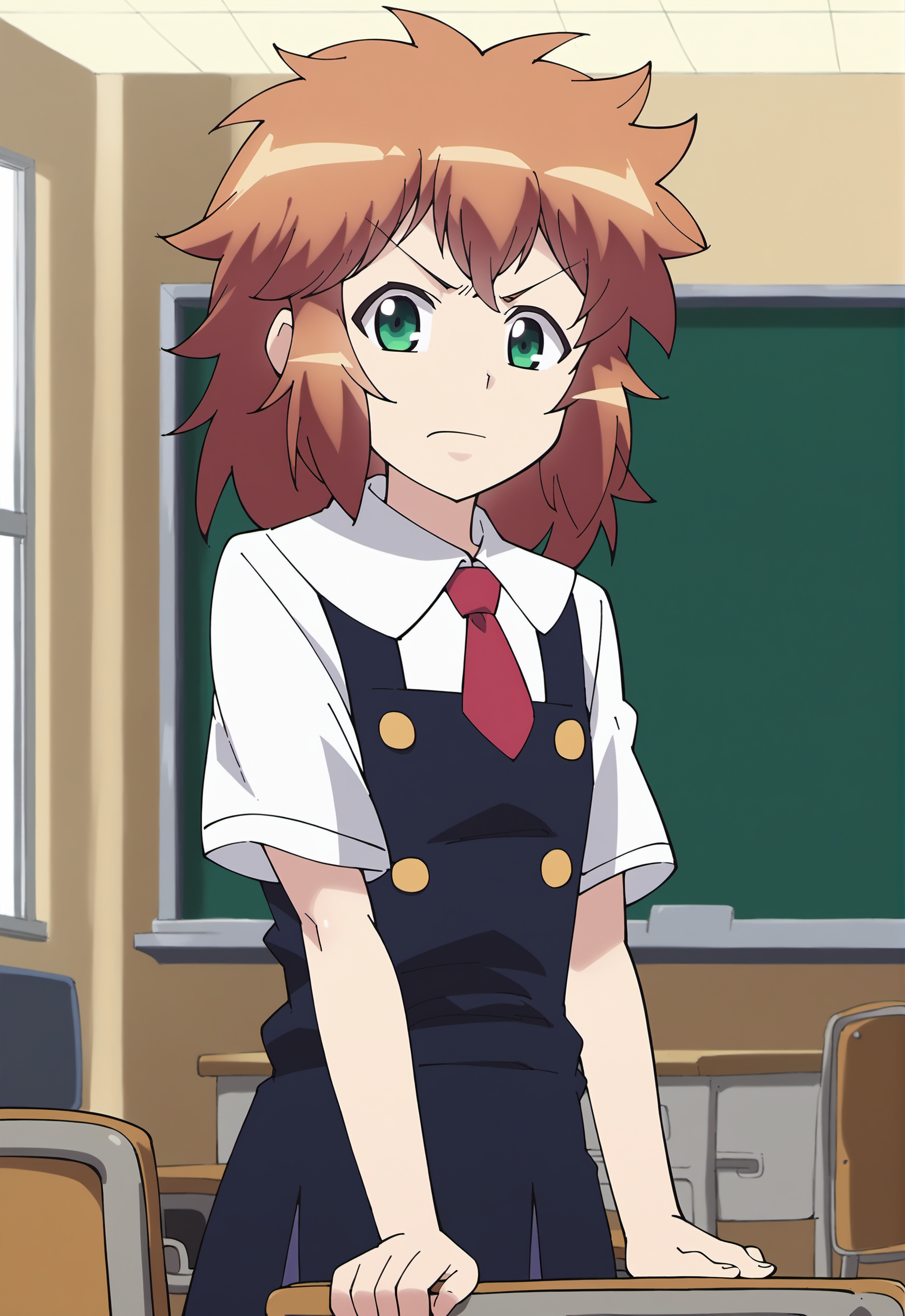 score_9, score_8_up, score_7_up, score_6_up,
BREAK
miyou mimane, 1girl, green eyes, orange hair, medium hair, messy hair, bangs, flat chest, closed mouth, teeth, looking at viewer, standing, annoyed
BREAK
school uniform, white collared shirt, red necktie, white sailor collar, blue suspender skirt, yellow buttons
BREAK
cowboy shot, classroom, daylight, day, chalkboard, school desk, school chair <lora:Tsugomo2MimaneMiyou:1>