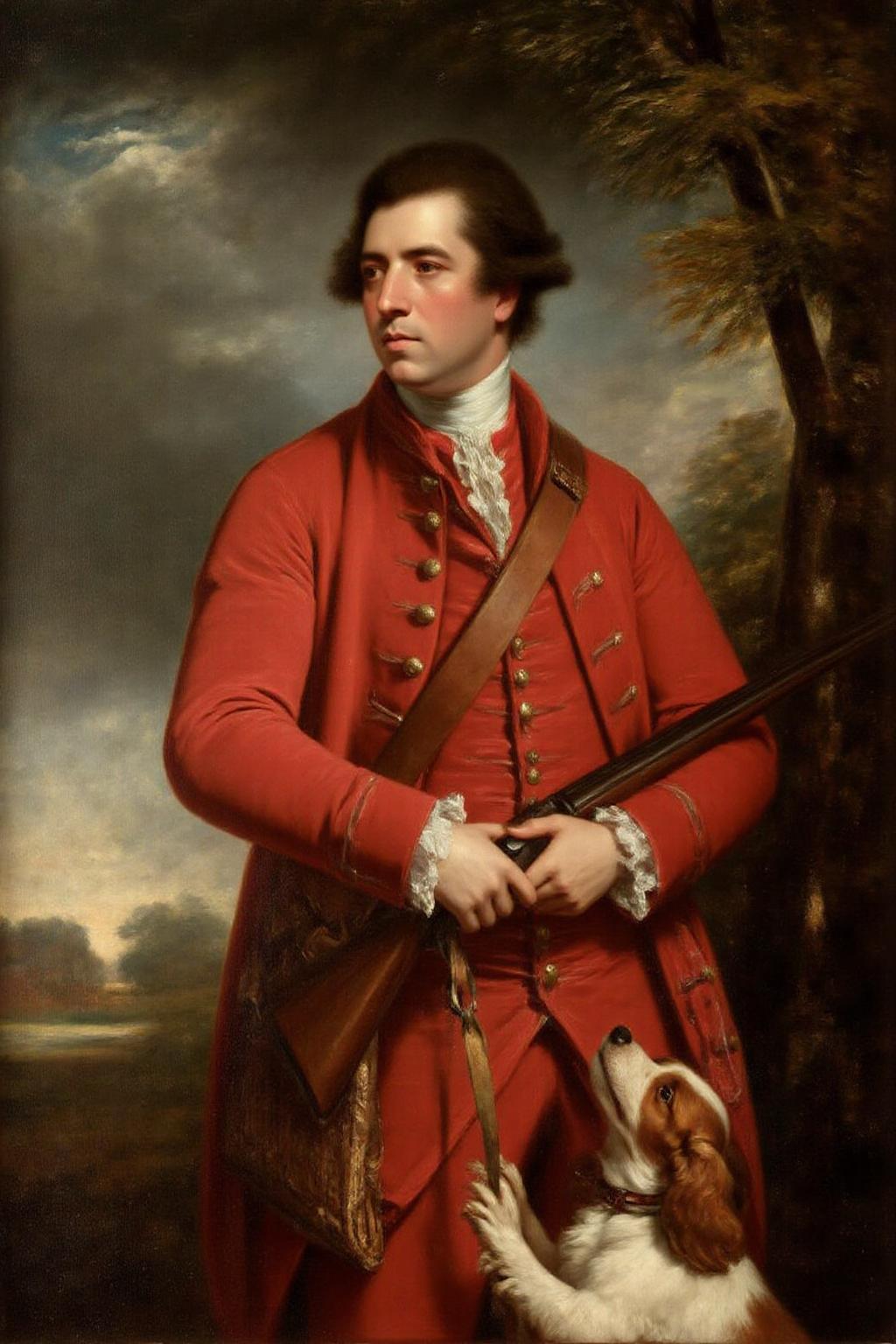 jore1 painting. 
A 18th century gentleman and his hunting dog in a pastoral landscape. The central figure is a man dressed in 18th-century attire, characterized by a bright red coat with gold buttons, a white ruffled shirt, and a white cravat. His hair is styled in a powdered wig, typical of the period. He stands outdoors, holding a hunting rifle across his body, the barrel resting on his shoulder. His expression is serious and contemplative. A leather hunting pouch is slung over his shoulder, filled with a wicker bag. In front of him, a white and brown dog, possibly a spaniel, is held by a lead, looking up at the man with a curious expression.
 <lora:jore1_cap_d6a3e12:1.0><lora:818387975378369999:0>