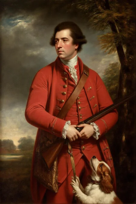 jore1 painting.
A 18th century gentleman and his hunting dog in a pastoral landscape. The central figure is a man dressed in 18th-century attire, characterized by a bright red coat with gold buttons, a white ruffled shirt, and a white cravat. His hair is styled in a powdered wig, typical of the period. He stands outdoors, holding a hunting rifle across his body, the barrel resting on his shoulder. His expression is serious and contemplative. A leather hunting pouch is slung over his shoulder, filled with a wicker bag. In front of him, a white and brown dog, possibly a spaniel, is held by a lead, looking up at the man with a curious expression.
<lora:jore1_cap_d6a3e12:1.0><lora:818387975378369999:0>
