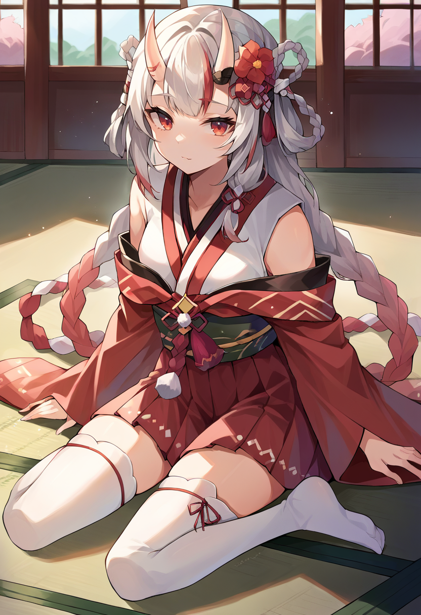 score_9, score_8_up, score_7_up, source_anime, 1girl, solo, AyameShrine, oni horns, hair flower, long hair, braided hair rings, japanese clothes, hakama skirt, white thighhighs, seiza, on floor, japanese room, <lora:CHAR-NakiriAyamePonyXL:1>
