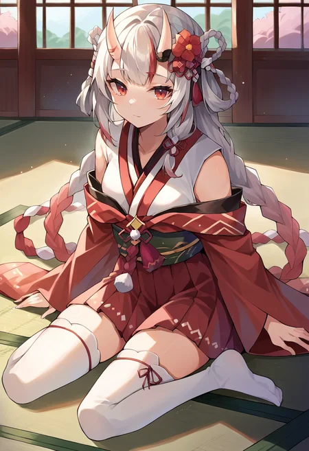 score_9, score_8_up, score_7_up, source_anime, 1girl, solo, AyameShrine, oni horns, hair flower, long hair, braided hair rings, japanese clothes, hakama skirt, white thighhighs, seiza, on floor, japanese room, <lora:CHAR-NakiriAyamePonyXL:1>