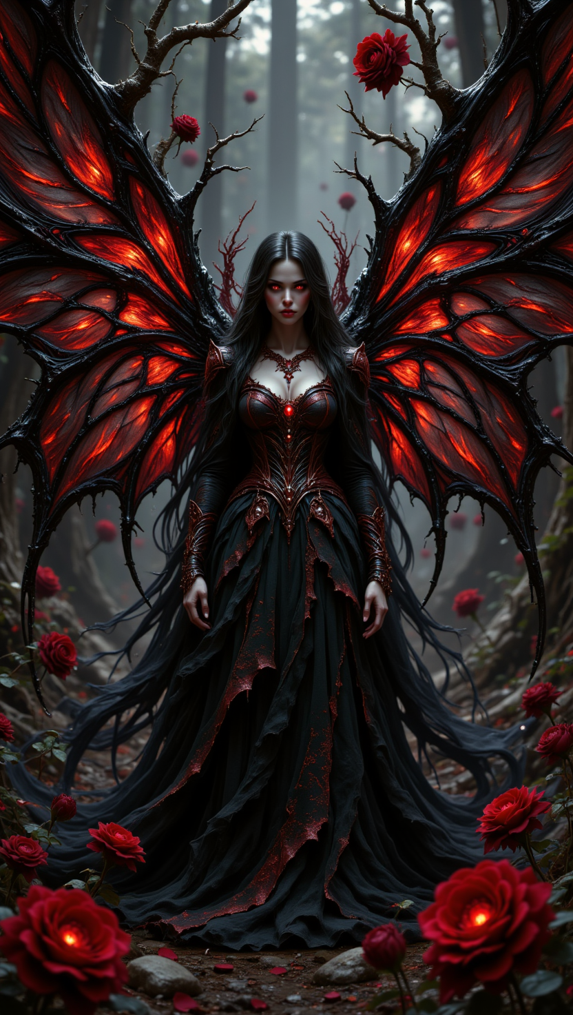 pinkdarkfantasy,
 A photorealistic 3D artwork of a stunning fairy with a crimson and black theme inspired by black roses and dark magic. Her long, flowing hair, a deep, rich crimson, cascades down her back like rivulets of blood. Her eyes, a piercing, glowing crimson, hold an intense, almost hypnotic gaze. Her wings, delicate yet powerful, are crafted from a shadowy, translucent black material, veined with crimson lines resembling the thorns of a rose. She is adorned in a gown of shimmering, layered black fabric, reminiscent of unfolding black rose petals, giving her a darkly elegant and regal presence. The scene is enveloped in swirling fractal patterns inspired by thorny vines and the spiraling centers of black roses, creating a dramatic and mysterious atmosphere. The overall composition is rich in contrast and texture, with a gothic, almost surreal quality that brings the fairy and her surroundings to life in a dramatic interplay of crimson and black.