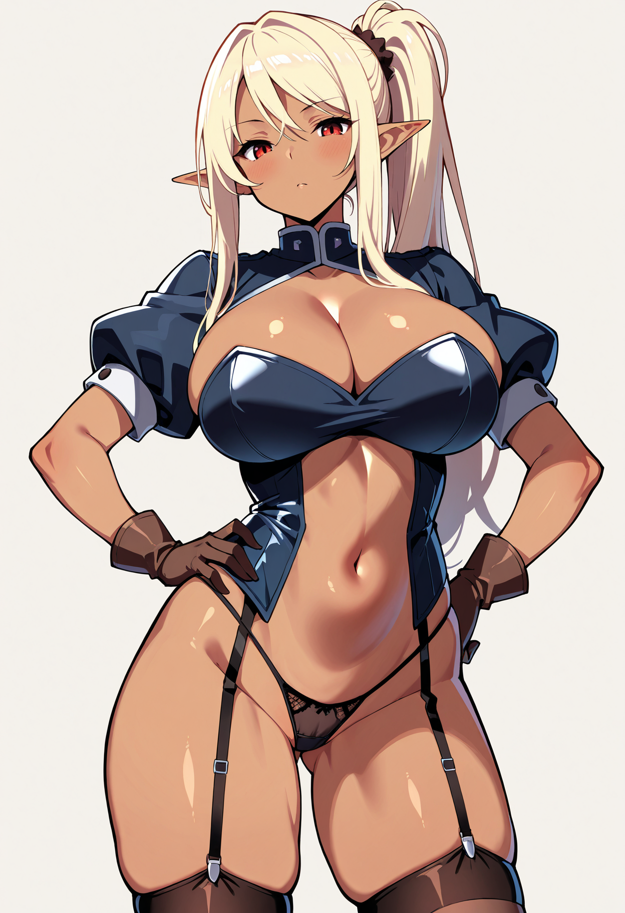 masterpiece, best quality,
1girl, solo,
standing, hand on own hip, 
looking at viewer,
<lora:Chloe:1.0> chl03, pointy ears, dark-skinned female, panties, thighhighs, garter straps, gloves, navel, puffy short sleeves, cleavage, 
white background, simple background,