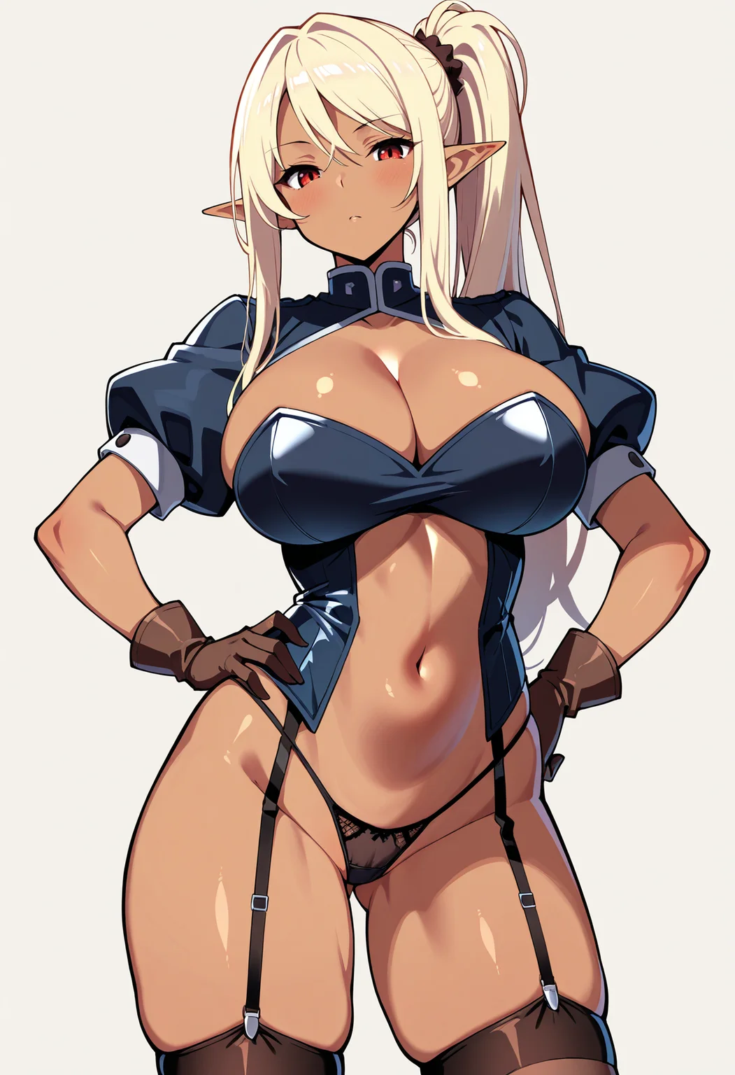 masterpiece, best quality,
1girl, solo,
standing, hand on own hip,
looking at viewer,
<lora:Chloe:1.0> chl03, pointy ears, dark-skinned female, panties, thighhighs, garter straps, gloves, navel, puffy short sleeves, cleavage,
white background, simple background,