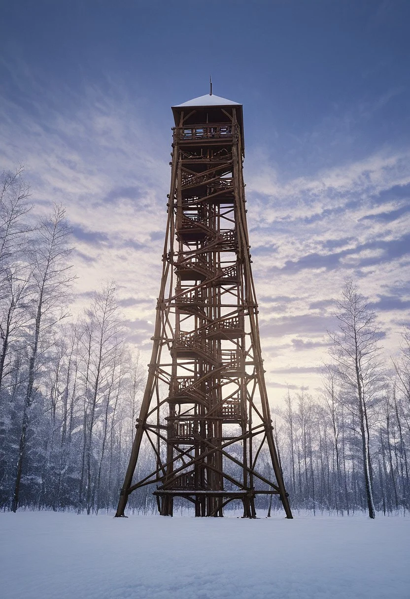 <lora:wooden_lookout_tower:1> , wooden_lookout_tower, kilato, no humans, sky, cloud, outdoors, scenery, tree, winter, snow