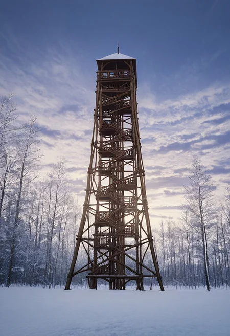 <lora:wooden_lookout_tower:1> , wooden_lookout_tower, kilato, no humans, sky, cloud, outdoors, scenery, tree, winter, snow