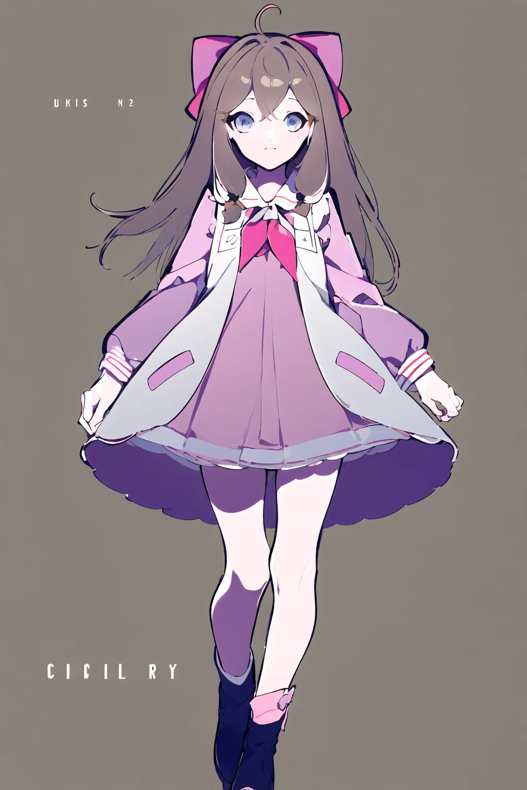 masterpiece, best quality, 1girl, solo, <lora:jiaranV23:1>, jiaran, (official dress:1.5), blue eyes, brown hair, pink hair bow, neckerchief, simple_background, closed_mouth, monochrome, full body, fingernails, purple_background, <lora:mochidukikei:1>, expressionless,