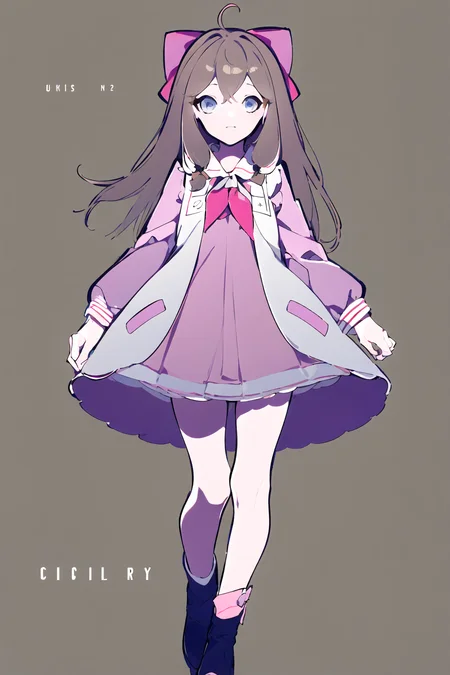 masterpiece, best quality, 1girl, solo, <lora:jiaranV23:1>, jiaran, (official dress:1.5), blue eyes, brown hair, pink hair bow, neckerchief, simple_background, closed_mouth, monochrome, full body, fingernails, purple_background, <lora:mochidukikei:1>, expressionless,