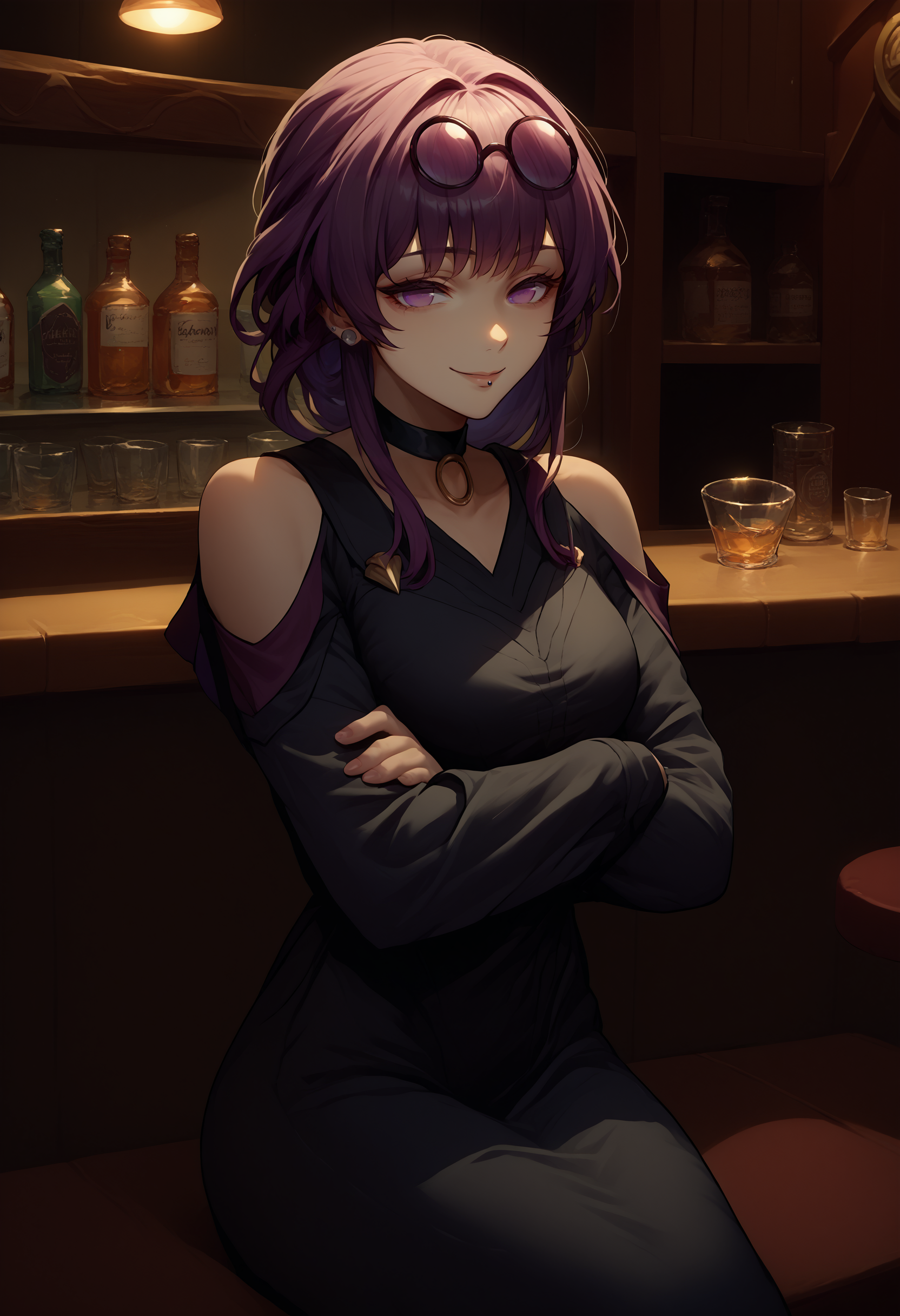 score_9, score_8_up, score_7_up, source_anime, 1girl, kafka, purple eyes, bangs, eyewear on head, <lora:Kafka_XLPD:1>, <lora:Hoseki_BTR_Pasan_PDXL_v1:1>, ear piercing, chin piercing, choker, black dress, shoulder cutout, sleeves past fingers, cowboy shot, crossed arms, seductive smile, indoors, bar, sitting,