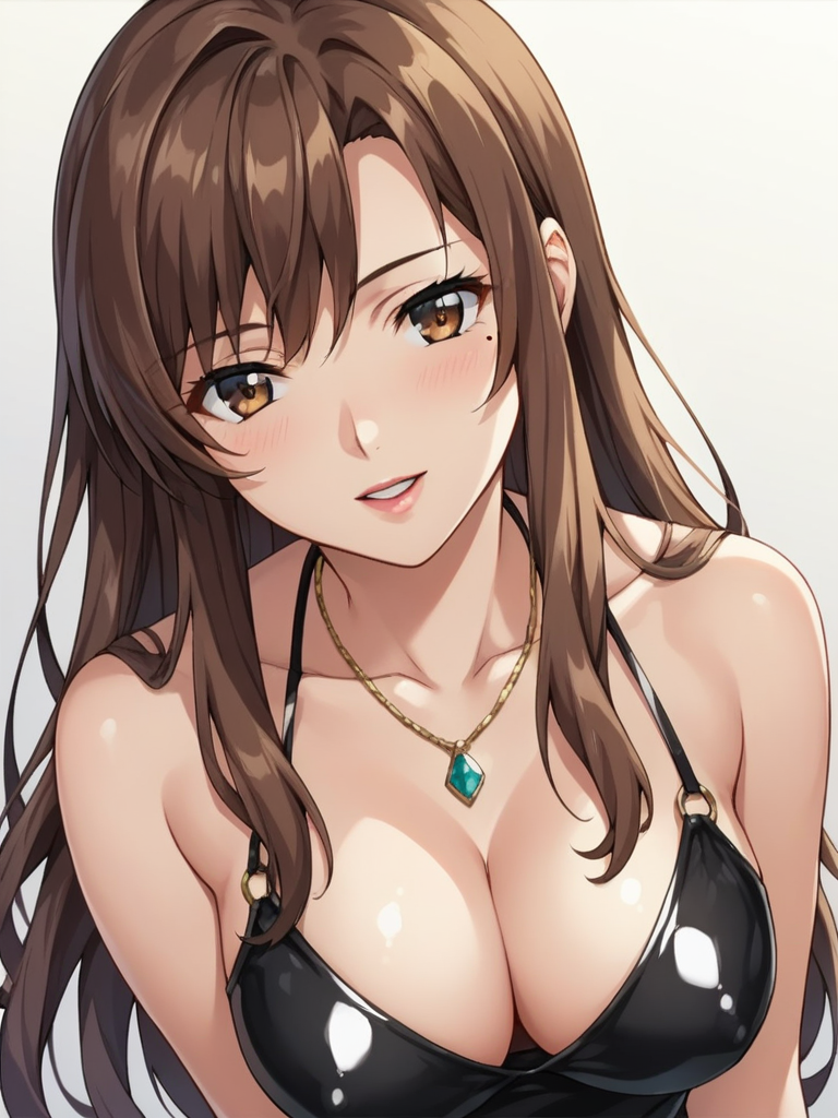 score_9, score_8_up, score_7_up, score_6_up, BREAK masterpiece, perfect face, perfect hands, high quality, source_cartoon, BREAK (1girl, solo,) <lora:Sayo_Shiga_-_Gibo_no_Toiki_Haitoku_Kokoro_ni_Tadayou_Haha_no_Iroka:1> sayo, long hair, mole under eye, brown hair, necklace, latex dress, cleavage,