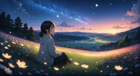 (masterpiece, top quality, best quality, official art, beautiful and aesthetic:1.2)
1girl, sitting on grass, looking at the sky in the distance, night, nighttime sky, lantern lighting up immediate area, stars, end of sunset, colorful sky, peaceful, flower field , fireflies, highly detailed, detailed background, wide shot,
highres, ultra high res, 4k, 8k, intricate detail, cinematic lighting, amazing quality, wallpaper <lora:aesthetic_anime_v1s:1.2> <lora:fiasco_A1:1> <lora:add_details_xl:1.2>