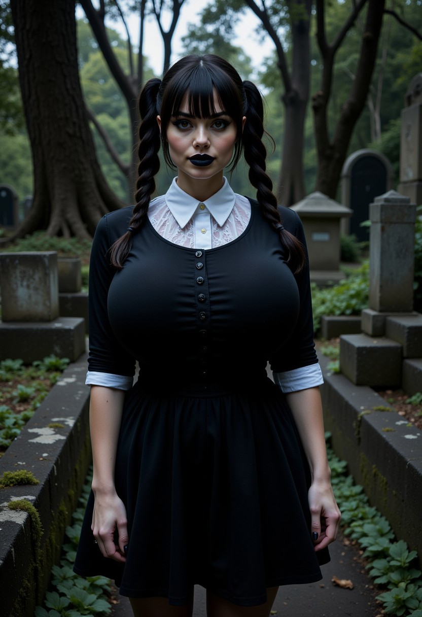 Wednesday Addams standing in a shadowy graveyard, surrounded by ancient, weathered tombstones and creeping ivy. Wednesday is dressed in her signature gothic outfit: a black, knee-length dress with a white, high-collared bib and a row of black buttons down the front. She has gigantic round breasts, enormous heavy fake breasts, slim waist. Her straight, black hair, styled with tousled texture, is parted in the middle and framed by two distinct, braided pigtails. Her pale complexion contrasts sharply with her dark eyes, black lipstick and black nail polish. Her posture is upright and formal, with her shoulders squared and her arms hanging naturally by her sides. Her gaze is direct and focused. Gnarled trees with twisted branches surround the scene, their shadows casting a haunting ambiance. The overall mood is mysterious and gothic. The scene is illuminated by dim, ambient lighting, creating a somber and atmospheric glow. The camera is positioned at a 3/4 angle above eye level, capturing a close-up view of Wednesday’s upper body and face