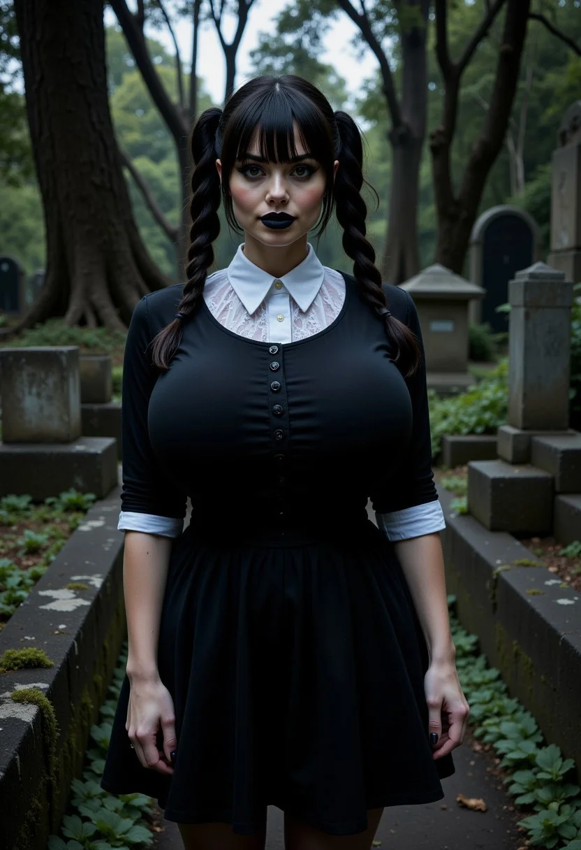 Wednesday Addams standing in a shadowy graveyard, surrounded by ancient, weathered tombstones and creeping ivy. Wednesday is dressed in her signature gothic outfit: a black, knee-length dress with a white, high-collared bib and a row of black buttons down the front. She has gigantic round breasts, enormous heavy fake breasts, slim waist. Her straight, black hair, styled with tousled texture, is parted in the middle and framed by two distinct, braided pigtails. Her pale complexion contrasts sharply with her dark eyes, black lipstick and black nail polish. Her posture is upright and formal, with her shoulders squared and her arms hanging naturally by her sides. Her gaze is direct and focused. Gnarled trees with twisted branches surround the scene, their shadows casting a haunting ambiance. The overall mood is mysterious and gothic. The scene is illuminated by dim, ambient lighting, creating a somber and atmospheric glow. The camera is positioned at a 3/4 angle above eye level, capturing a close-up view of Wednesday’s upper body and face