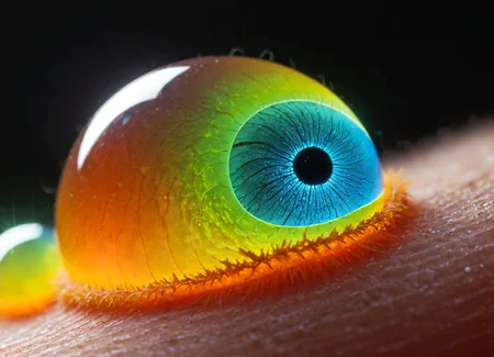 Macro Photography, Ombre color scheme of neon blue, neon pink, neon yellow, neon green, neon orange, futuristic electro-optical (Parasite), organism that lives on or in a host organism and gets its food from or at the expense of its host Brittle, microbe Dry colonies that break apart easily  with optical luminescent fibers, compound eyes, dramatic <lora:add-detail-xl:1> <lora:fx-monsters-XL:0.38> <lora:sss:0.8>, subsurface scattering, Photorealistic, Hyperrealistic, analog style, realistic, film photography, soft lighting, heavy shadow , close-up, macro 100mm, macro photography