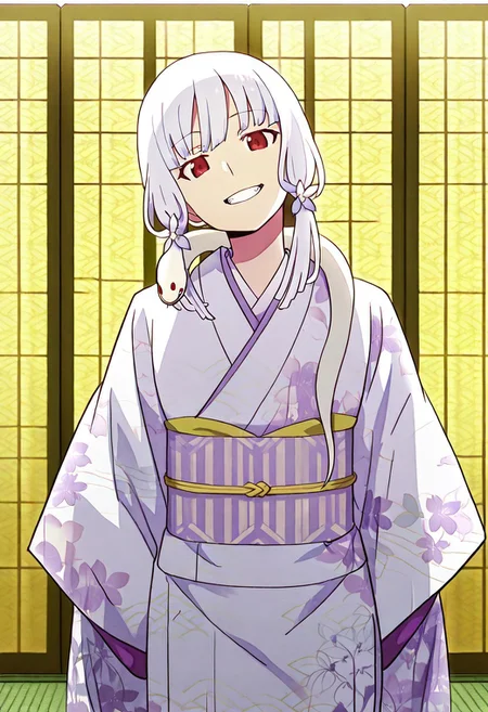Smooth Quality - Illustrious, sfw,
anime, illustration, nadeko, red eyes,medium hair,white hair,snake hair,albino,
<lora:NSFWFilter_illusXL_Incrs_v1:-1>
<lora:Snake_on_Shoulders:0.8> sn4k3, snake on shoulders, large snake, white snake,
1girl, solo, standing, cowboy shot, alluring pose,
japanese clothes, white kimono, furisode, floral print,
looking at viewer, head tilt, beautiful smile, grin,
golden folding screen, zabuton, tatami,