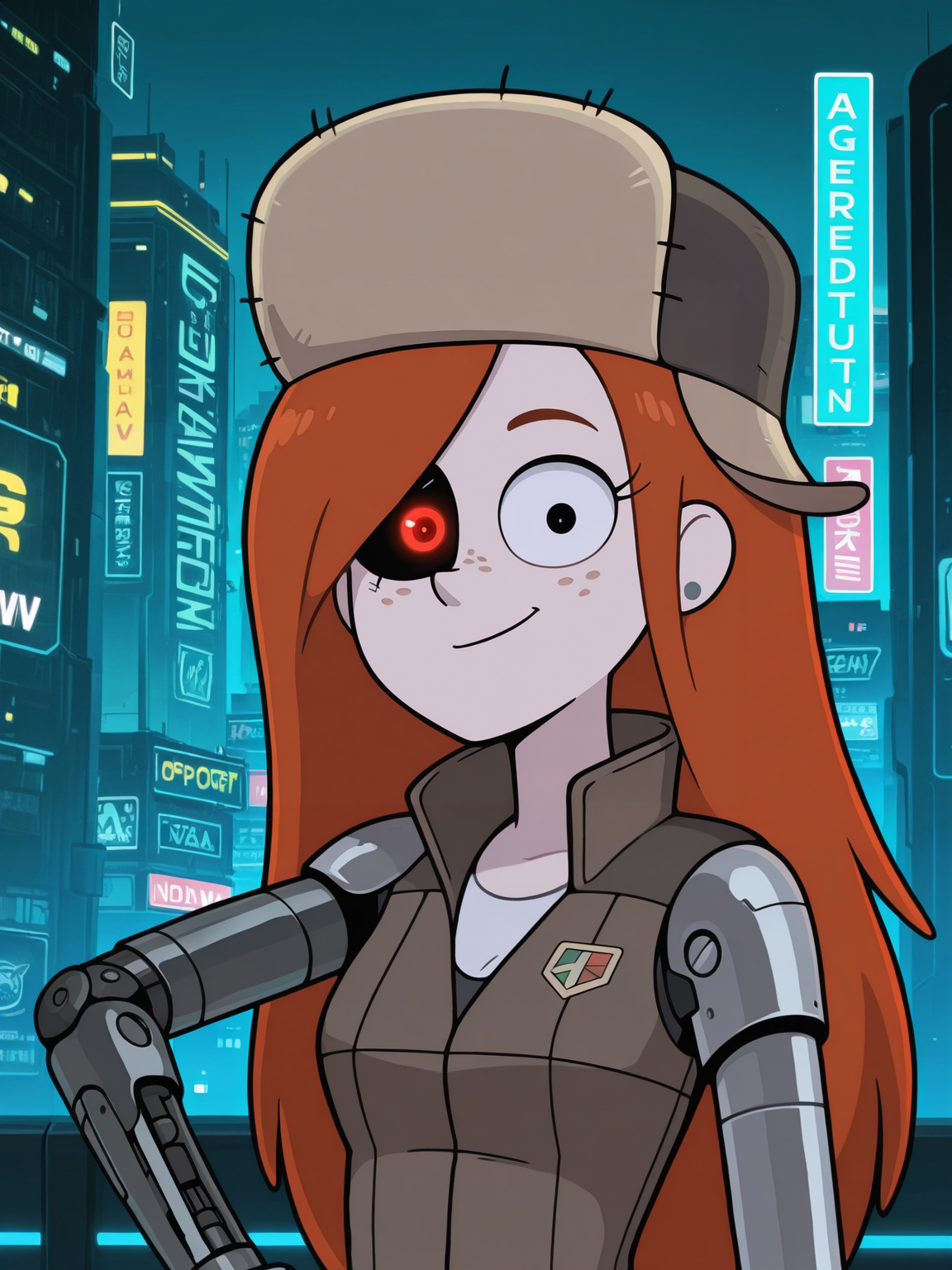 <lora:WendyCorduroyIL:0.6> w_g_f, 1girl, ginger hair, pupils black dots, black eyes, freckles, gray earrings, fur hat,
looking at viewer, cyberpunk, augmentations, prosthetic, metal arm, GLOWING CYBERNETIC EYE,difficult background, at night, dynamic pose, upper body