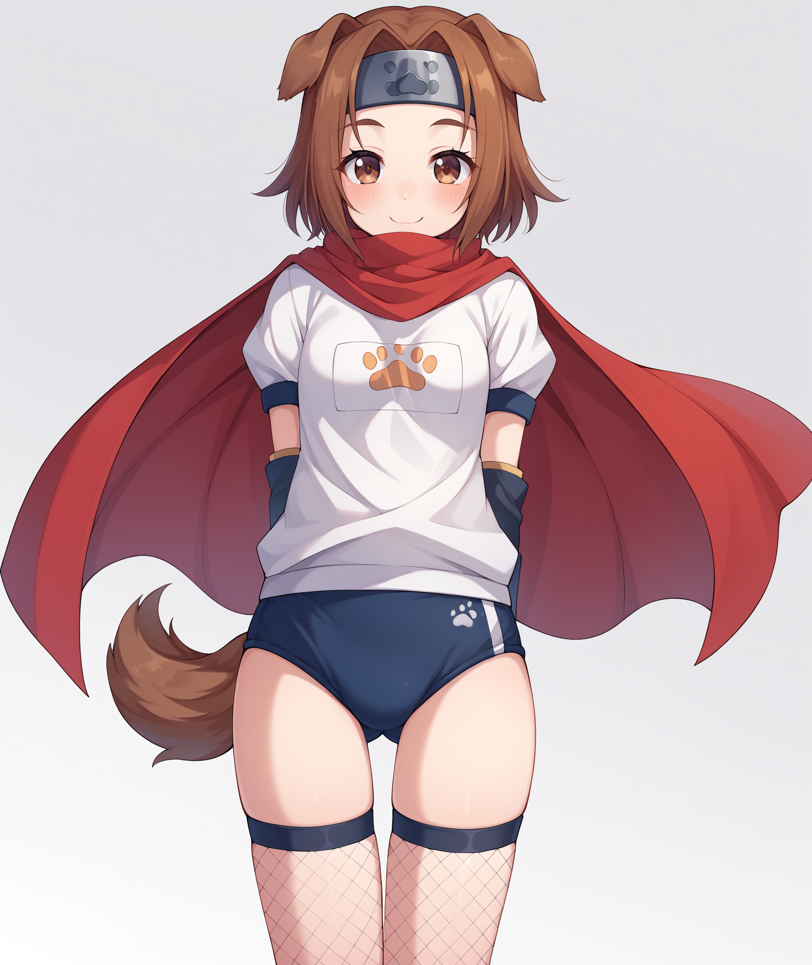 score_9, score_8_up, score_7_up, score_6_up, score_5_up, score_4_up, BREAK, source_anime, best quality, masterpiece, 2d, intricate details, official style, anime, 4k, anime style,
konohaai, 1girl, solo, brown eyes, blush, smile, short hair, brown hair, animal ears, tail, dog ears, dog tail, dog girl, forehead protector, headband, metal headband,
thighhighs, gloves, elbow gloves, fingerless gloves, scarf, cape, headband, thigh gap, fishnets, gym uniform, buruma, fishnet thighhighs, blue buruma, 
arms behind back, cowboy shot, looking at viewer, white background, simple background, gradient background, <lora:Konoha_Pony:1>, <lora:add_details_xl:0.4>