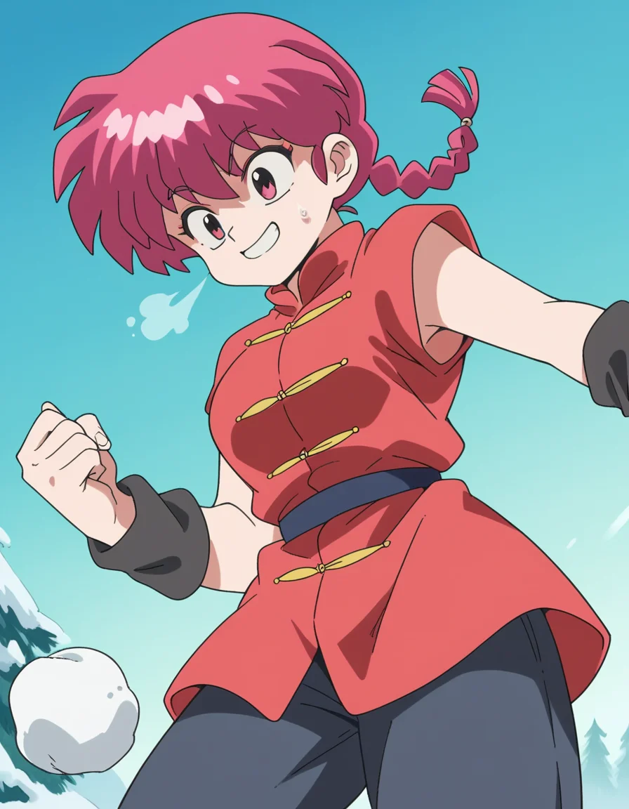 score_9, score_8_up, score_7_up, source_anime, <lora:ranma-saotome-alpha-ponyxl-lora-nochekaiser:1>, ranma saotome, braid, red hair, single braid, braided ponytail, red eyes, medium breasts,, pants, chinese clothes, tangzhuang,, snow day, winter clothes, snowball fight, laughter, cold breath, white landscape, smile, , from below, solo,, cowboy shot, dutch angle,