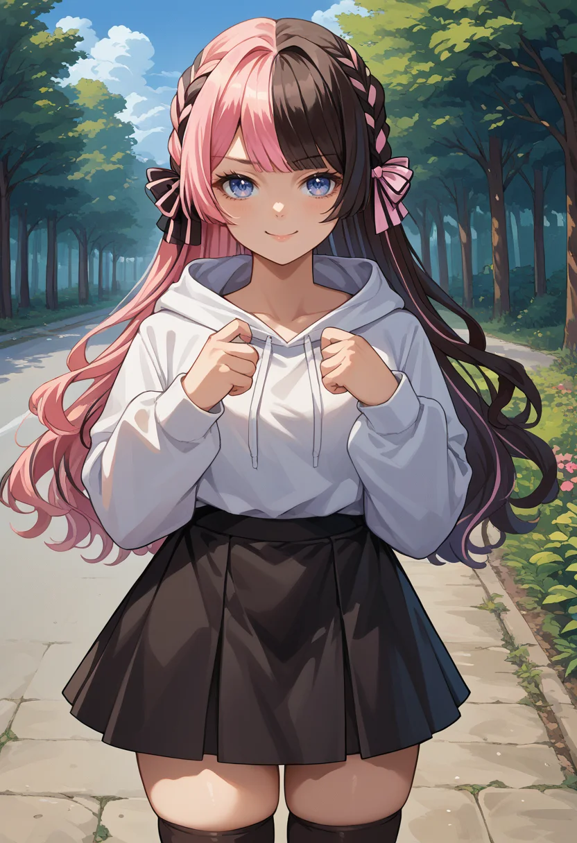 score_9, score_8_up, source_anime, 1girl, solo, TachibanaHinano, two-tone hair, long hair, french braid, hair bow, white hoodie, black skirt, black thighhighs, skindentation, smirk, outdoors, <lora:ChamTachibanaHinanoPonyXL:1>