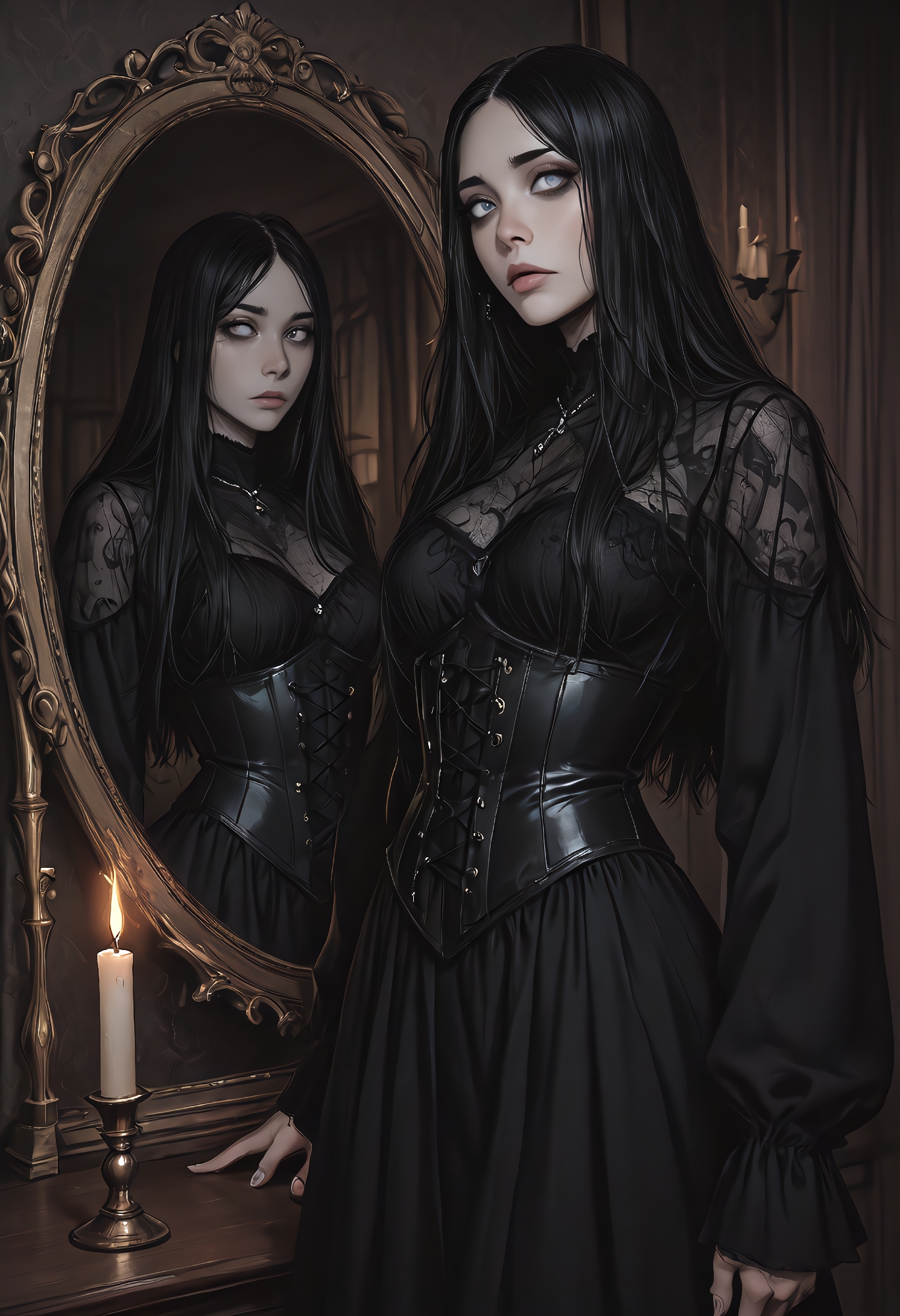 darkmode, (((best quality))), (((masterpiece))), (((amazing quality))), (((very aesthetic))), (((detailed eyes))), (((perfect eyes))), (((realistic eyes))), pale-skinned goth girl standing near an antique mirror, soft candlelight reflecting off her black leather corset and sheer mesh top, long black hair with full bangs, thick black glasses glowing subtly, deep eye contact with viewer, dark velvet curtain background, cinematic shadows, soft rim lighting, gothic jewelry, moody noir tone, faint haze, introspective atmosphere, 58mm lens,