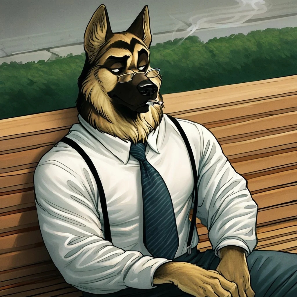 score_9, score_8_up, score_7_up, score_6_up, score_5_up, score_4_up, park background, detailed fur, detailed eyes, detailed face, male, 1boy,
BREAK
Sm1rn0v, Smirnov, anthro German Shepherd, anthro dog, male furry, dog ears, erect ears, tan fur, two tone fur, brown markings, black nose, glasses, pince-nez, suit, double-breasted suit, white shirt, tie, suspenders, black eyes, muscular, smoking, cigarette, raised eyebrow, sitting on bench