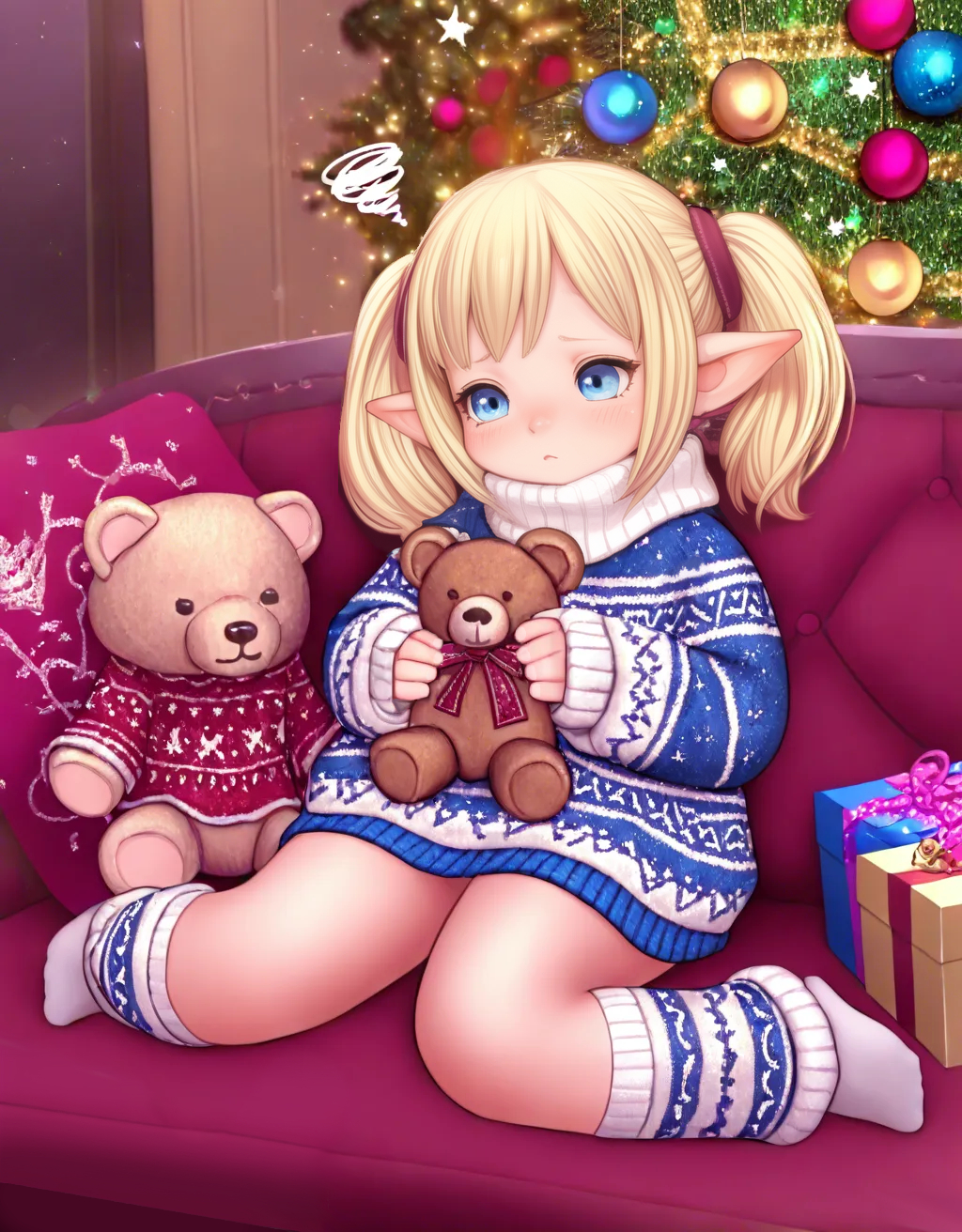 1girl, lalafell, blonde_hair, blue_eyes, twintails, sitting, sweater_dress, christmas_sweater, holding teddy_bear, candy, christmas_tree, living_room, christmas, frustrated, squiggle, <lora:Christmas-Rockin_teddies:0.5>,XMASTEDX, socks, <lora:e9f3f5cc-3ec3-4b47-b8a9-c1cf70ef5f34:1.1>, <lora:mesugaki_Illust_v1:0.5>