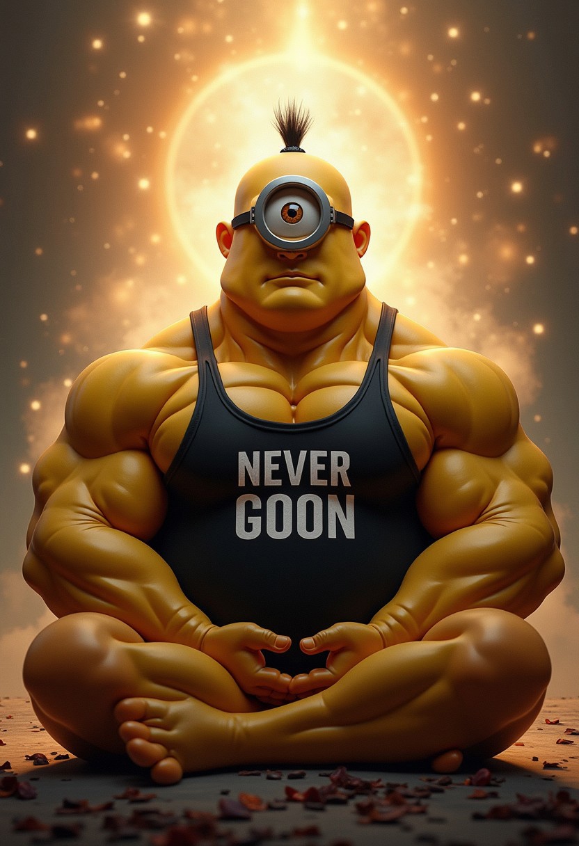 An image of an extremely muscular, shredded, roided out, anthropomorphic Minion with bulging biceps, levitating in the lotus position. The Minion, with one eye and a serene, enlightened expression, is wearing a black wifebeater with the words 'NEVER GOON' printed on it. The background is a mystical, glowing aura, highlighting the Minion's intense physique and meditative state. Masterpiece quality, 4K, highly detailed."