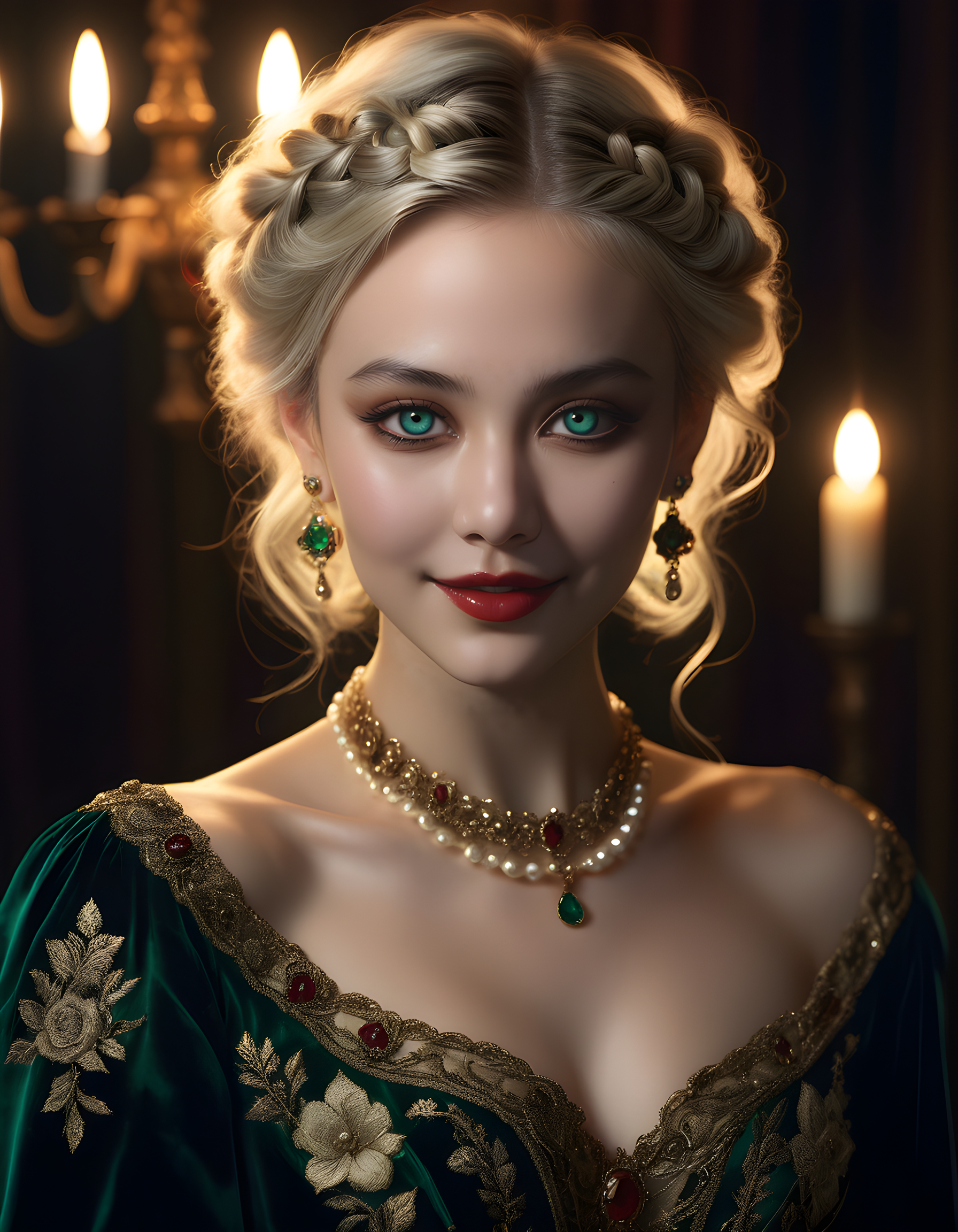 In a dimly lit, opulent Victorian parlor, the captivating CL4R45 is posed in a three-quarter view, her vivid blue eyes locked with the viewer's gaze. Her platinum blonde hair cascades down her shoulders like a waterfall of shimmering silk, while strands of dark brown braids intertwined with rubies and pearls adorn her other shoulder. Her delicate smile reveals perfectly white teeth and a hint of red lipstick that matches the velvet roses arranged around her. The dim lighting accentuates her high cheekbones and adds a mystical, dreamlike quality to the portrait. She wears an exquisite gown of emerald green silk with intricate gold embroidery, adorned with a necklace of rubies that seems to pulse with inner light. Her earrings, shaped like miniature, glowing lanterns, catch the light and cast a warm glow across her face. The portrait is framed by shadows and the soft glow of candlelight from the chandelier overhead, creating an intimate, enchanting atmosphere that captivates the viewer completely.