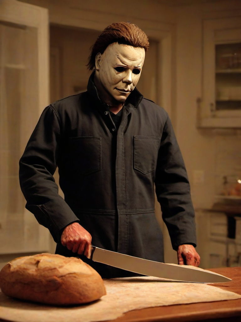 Masterpice,High Quality,
 <lora:PE_Michael Myers:0.8> PEMichaelMyers,
slicing bread with a knife,