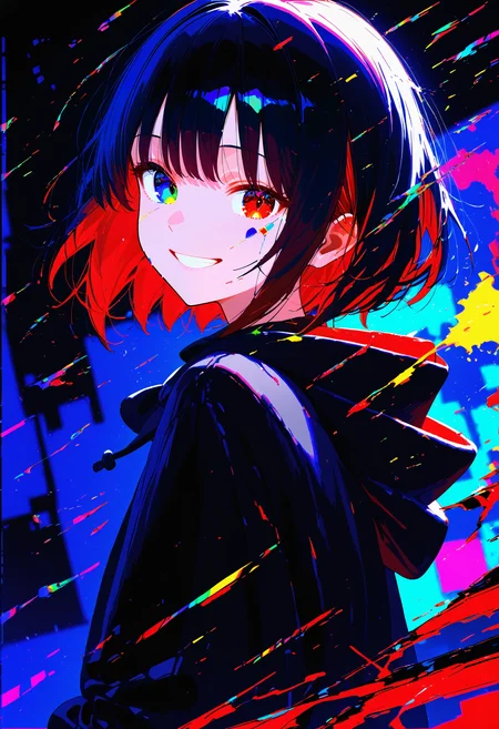 <lora:EtherPDXLStyleXL:1>, best quality, masterpiece, EtherPDXLStyle, 1girl, smile, looking at viewer, black hair, red eyes, heterochromia, hood down, short hair, upper body, glitch, red hair, black hoodie, colorful, black jacket, grin, paint splatter, long sleeves, abstract background, multicolored hair, looking back, multicolored background, from side, hooded jacket, heart, chromatic aberration