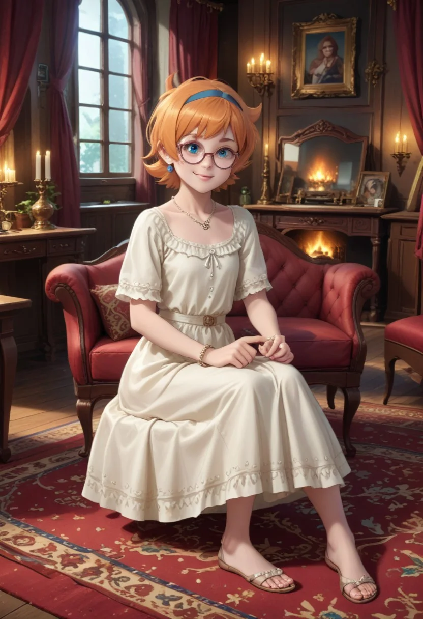 score_9, score_8_up, score_7_up, masterpiece, best quality, highly detailed, (masterpiece, best quality, highly detailed), very detailed face, hyperrealistic, (UHD quality details), beautiful face,
Sitting on luxurious sofa,
1 girl, legal age, young, petite, flat chest, small breast,
Luxurious earings, necklace, Bracelet,
Smile, happy,
Lotte Jansson
witch
glasses
Sitting on luxurious sofa,
Luxurious dining room, chateau, fireplace, fire in the fireplace, chandeliers, candles, window, carpet, curtains, paintings on the walls, table, sofa,
Cowboy shot, Dynamic move, Moving,
Working,
Side view