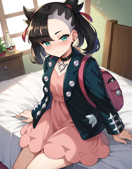 score_9, score_8_up, score_7_up, source_anime,
pokemonmarnie, <lora:pokemon-marnie-ponyxl-lora-nochekaiser:1>
pokemonmarnie, aqua eyes, asymmetrical bangs, asymmetrical hair, black hair, hair ribbon, long hair, red ribbon, ribbon, twintails,
backpack, bag, black choker, black jacket, choker, dress, earrings, jacket, jewelry, long sleeves, open clothes, pink bag, pink dress,
indoors, bed, bed room, on side, blush, drunk,
looking at viewer, cowboy shot, dutch angle,