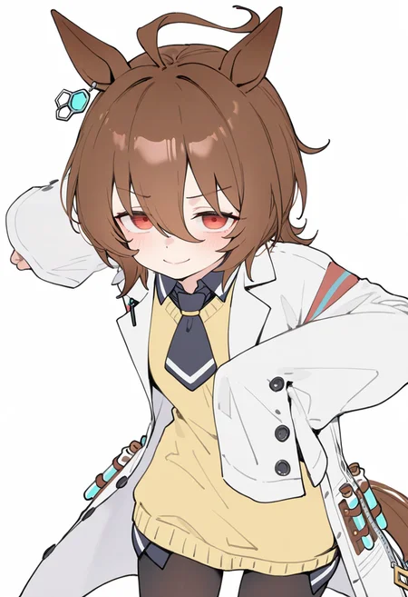 masterpiece, best quality, amazing quality, very aesthetic, newest, general,
solo, agnes tachyon \(umamusume\), umamusume, horse girl, horse ears, horse tail, hair between eyes, red eyes, brown hair, short hair, medium hair, ahoge, smile, blush,
lab coat, long sleeves, sleeves past fingers, single earring, incoming attack, incoming punch, clenched hands,
simple background, white background, cowboy shot,
(anime screenshot), flat color, (limited palette:0.7), (ningen mame:0.5), (ciloranko:0.7), (blvefo9:0.8), (signalviolet:0.4), (ke-ta:0.5), (toosaka asagi:0.4), (ebifurya:0.35), (ishikei:0.3), <lora:nyalia:0.15>, <lora:dj_sloppa_ill_v2:0.3>,