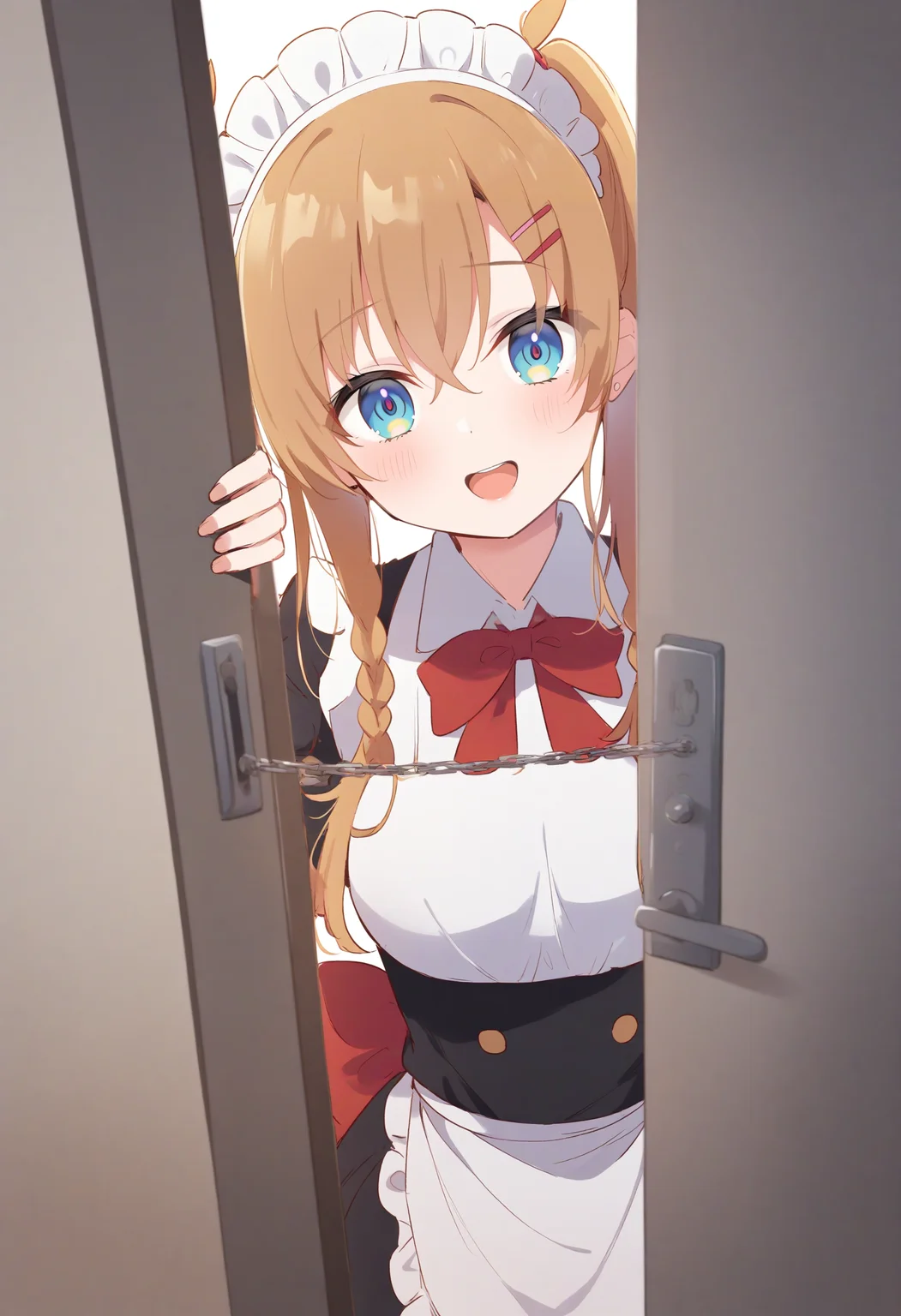 1girl,sincos, ningen mame, toosaka asagi,solo,medium breasts,20yo,maid,maid headdress,
door chain, peeking out, open door,<lora:doorchain_XL_v1:1.0>
chain, pov doorway, opening door, close-up,
ceiling, upper body, looking to the side, blonde hair, red eyes,disdain, athletic fields, open mouth, twin braids hair,,
best quality, very aesthetic, absurdres ,