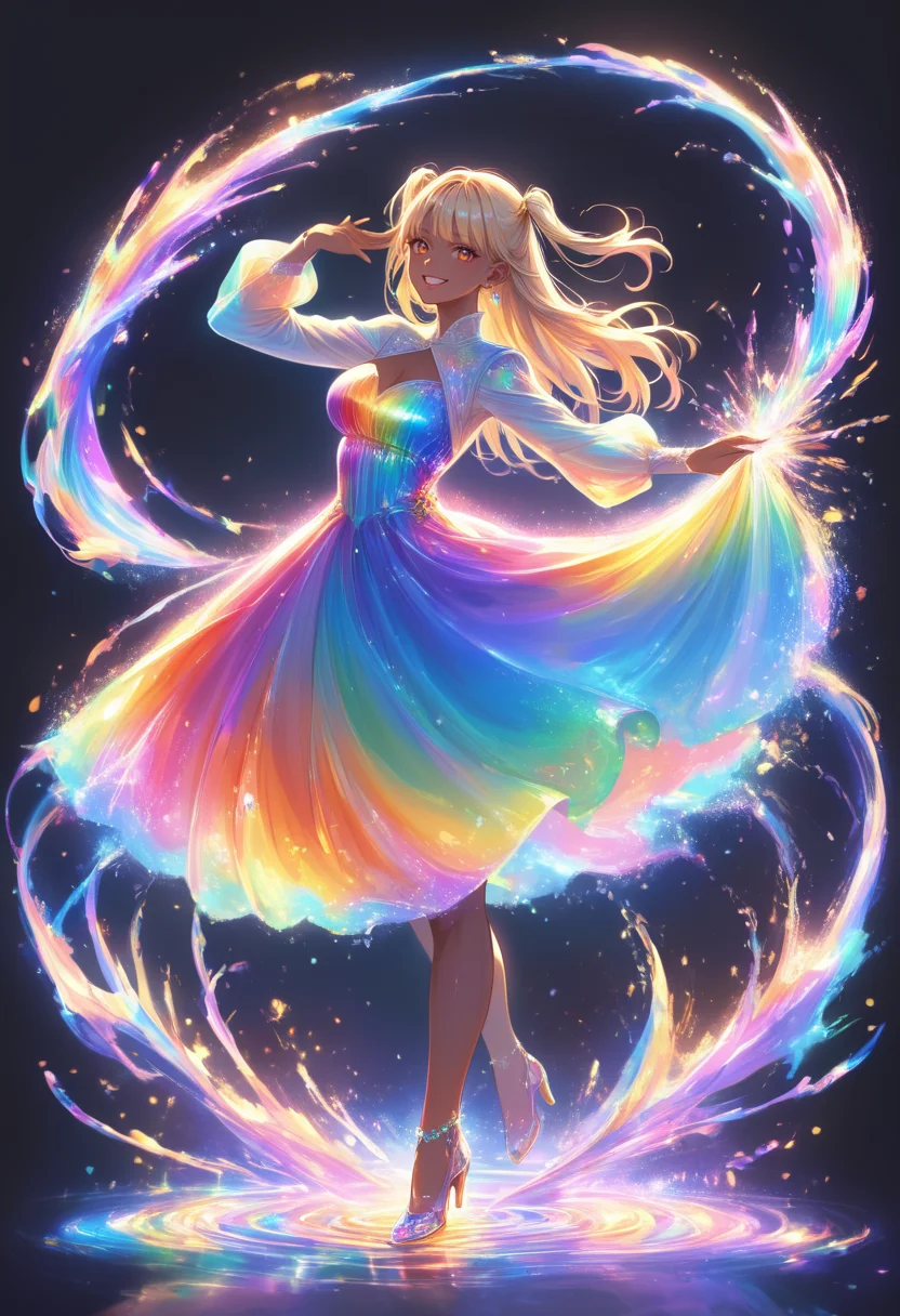 score_9, score_8_up, score_7_up, masterpiece, best quality, perfect anatomy, very aesthetic, ((outlined outlined vector graphics)),no norm,
, cute face, (glow eyes:0.8), glittering, glimmering,side view, black background, rainbow ring, looking at viewer,full body ,rainbow splash, rainbow water,
20yo, (large breast:1.2), orange eyes, (blonde hair:1.3),long hair, (two side up:1.1), (dark skin:1.6), dark skin girl, (tall:1.2), (abs:0.7),bangs, rainbow dress, dress, action pose, smile,happy, half open eyes , long sleeve,
jewelry, earrings, parted lips, <lora:rainbow-dress-01:1>