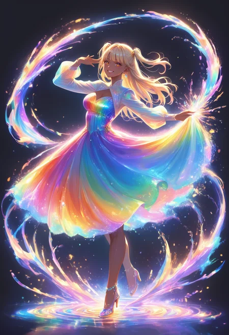 score_9, score_8_up, score_7_up, masterpiece, best quality, perfect anatomy, very aesthetic, ((outlined outlined vector graphics)),no norm,
, cute face, (glow eyes:0.8), glittering, glimmering,side view, black background, rainbow ring, looking at viewer,full body ,rainbow splash, rainbow water,
20yo, (large breast:1.2), orange eyes, (blonde hair:1.3),long hair, (two side up:1.1), (dark skin:1.6), dark skin girl, (tall:1.2), (abs:0.7),bangs, rainbow dress, dress, action pose, smile,happy, half open eyes , long sleeve,
jewelry, earrings, parted lips, <lora:rainbow-dress-01:1>