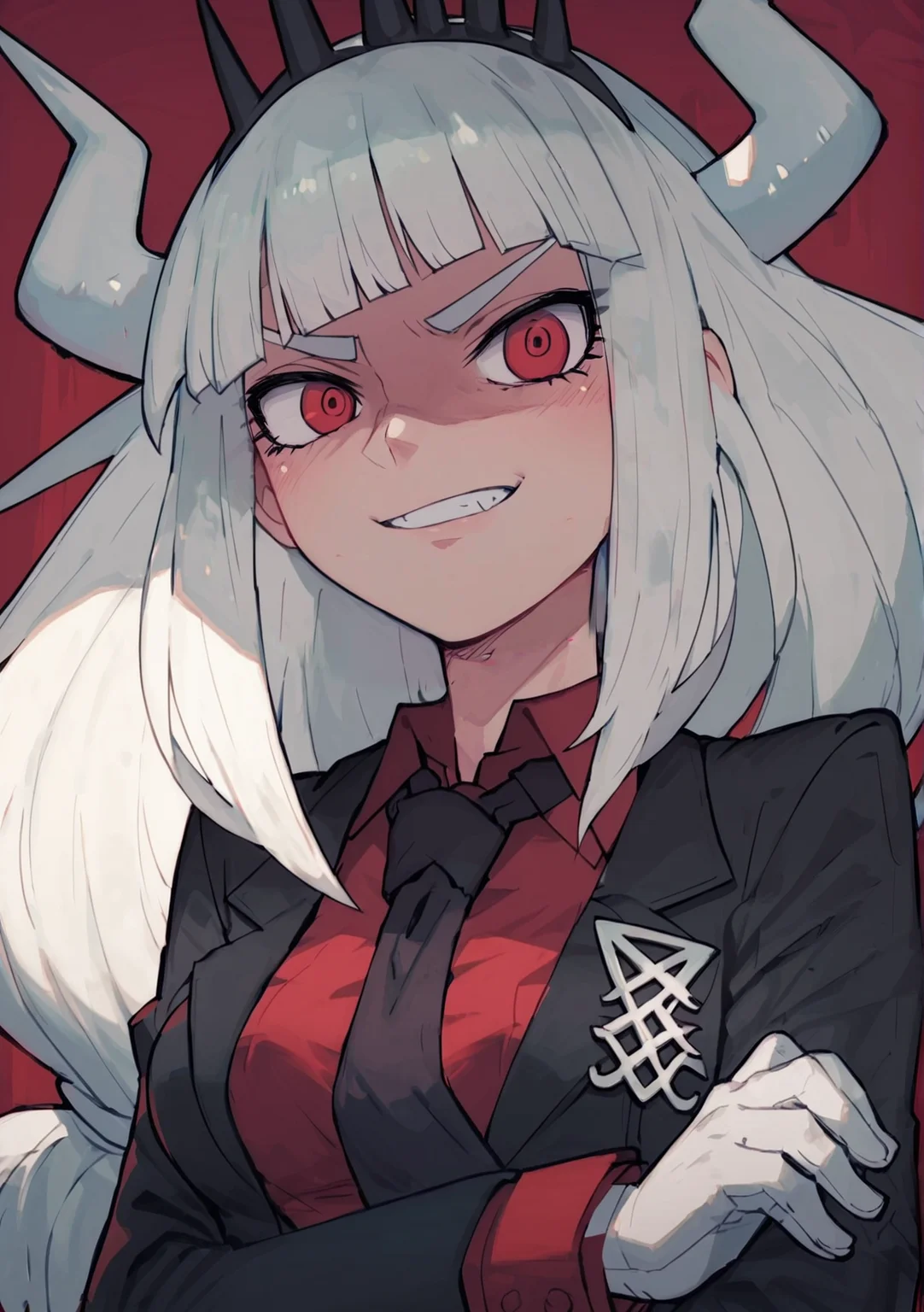 Score_9, Score_8_Up, Score_7_Up, Score_6_Up, Score_5_Up, Score_4_Up, anime screencap, upper body,
<lora:Lucifer (Autism Mix (XL):1> 1girl, lucifer (helltaker), horns, white hair, long hair, blunt bangs, red eyes, red shirt, formal, necktie