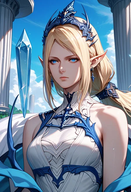 score_9,score_8_up,score_7_up,source_anime,Shiva,1girl,solo,long hair,blue eyes,blonde hair,jewelry,earrings,sky,pointy ears,crown,crystal,pillar,